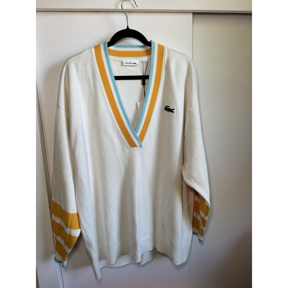 NEW Vintage Style IZOD Lacoste V-Neck White/ Gold W Blue Trim Sweater XL